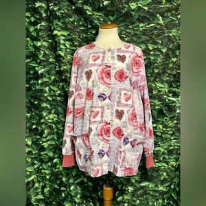 Cherokee Nursing Scrub Top Long Sleeve Snap Front Pink Floral Hearts Womens Med